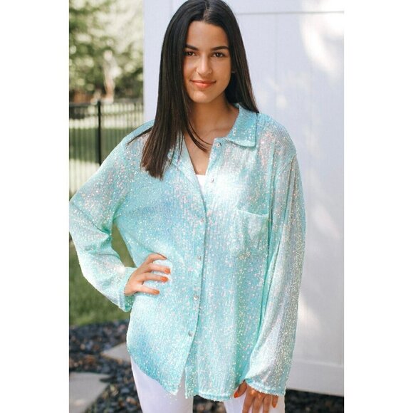 POL Tops - Life's a Party Sequin Button-Up Shirt in Aqua